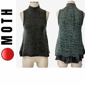 Moth by Anthropologie Knit/Lace Top Gray/Forest Green Raw Hem Sz S Whimsigoth